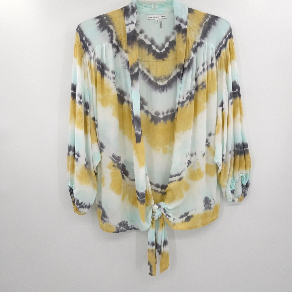 Young Fabulous & Broke Tie Dye Cardigan Women Size S Yellow Blue Front Tie Boho